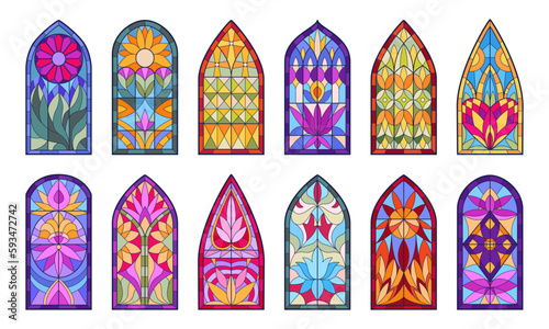 Stained glass windows. Mosaic church windows, decorative cathedral stained glasses flat vector illustration set. Geometry and floral design windows