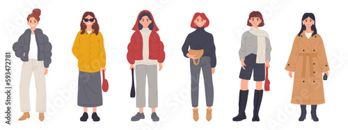 Stylish young women. Fashionable trendy dressed girls wearing casual outfits. Modern fashon looks flat cartoon vector illustration set