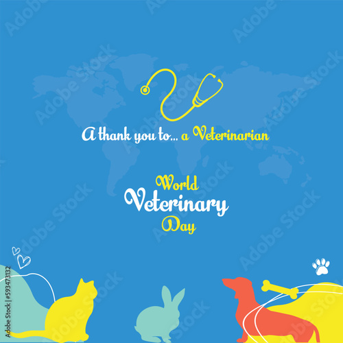 World Veterinary Day, Silhouettes of pets, Creative Social Media Design templates, Post card, Dogs, Cats, Rabbit, Veterinarian, Pet Care Services 