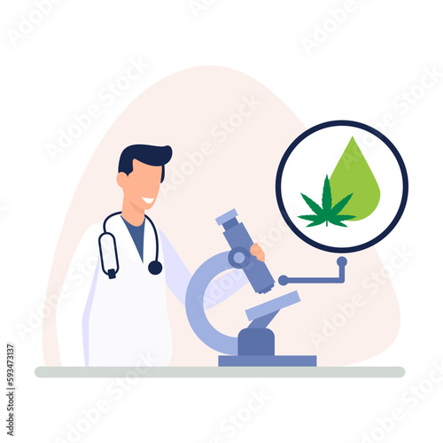 Cartoon character of man testing cannabis in laboratory. Supporting legality of medical cannabis. Marijuana cultivation and legalization business startup. Vector