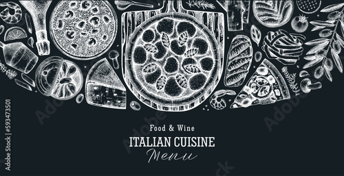 Hand drawn pizza, pasta and risotto border on chalkboard. Italian cuisine vector background. Mediterranean food ingredients - cheese, olives, canape, tinned fish. Trendy menu design template
