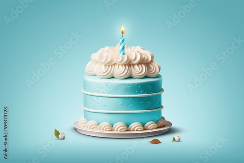 Birthday cake with a candle on blue background.
