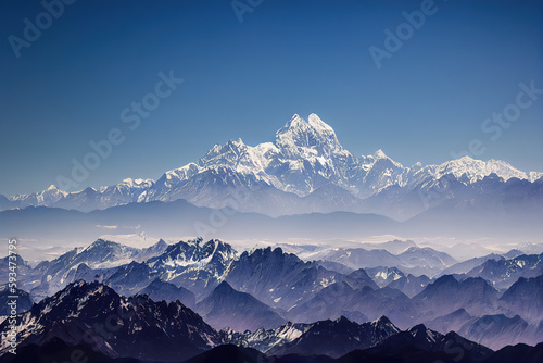 High mountain range and snowy peaks against the blue sky. Mountain landscape created with Generative AI technology. © flipper1971