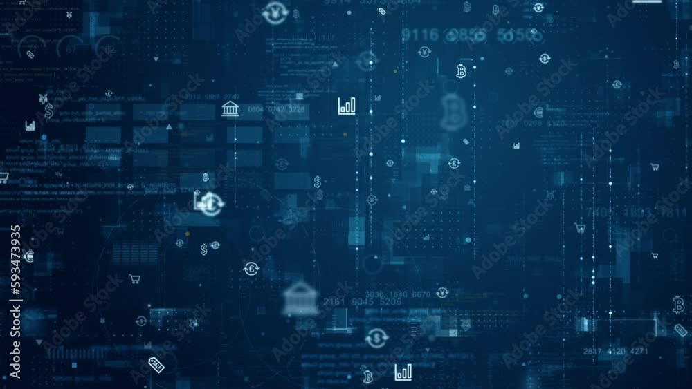 Motion graphic of Blue money icon and data matrix simulation digital grid line with futuristic HUD screen on blue abstract background technology and cryptocurrency concept Motion graphic of Blue money icon and data matrix simulation digital grid line with futuristic HUD screen on blue abstract background technology and cryptocurrency concept