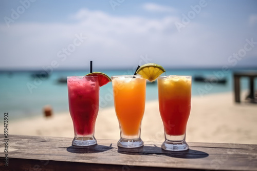 Fresh cocktails and tropical juice drinks on a sunny beach, generative AI