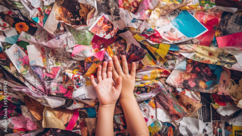 collage made of magazines and colorful paper mood. child hand
