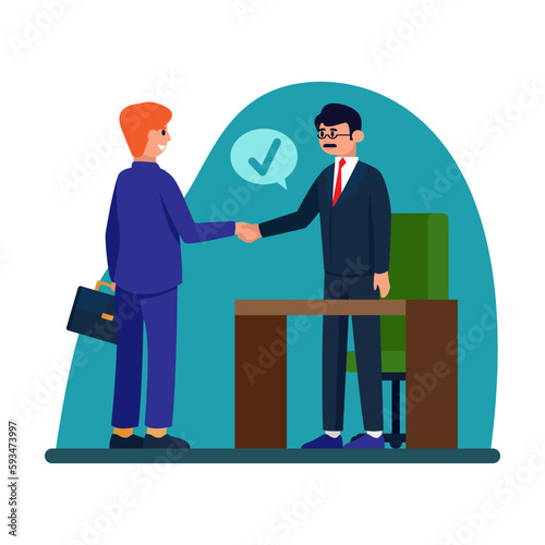 Cartoon characters of HR department manager hiring professional candidate for job. Human resource management. Headhunting business representatives. Vector