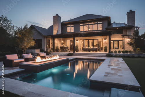 Stunning luxury home exterior with large covered patio, outdoor fire pit, and large swimming pool, generative AI © Kien