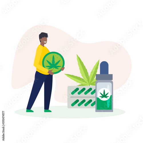 Cartoon character of smiling black man with medical cannabis. Young people supporting legality of cannabis. Marijuana legalization business startup. Vector