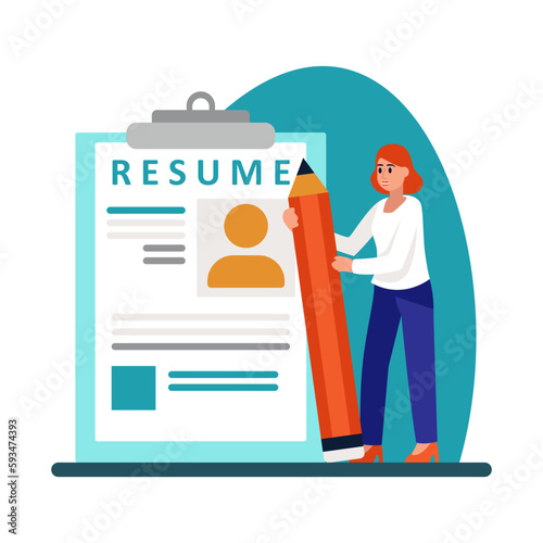 Cartoon character of young woman creating her resume. Preparation for meeting with headhunting business representative. Lifestyle of job seekers. Vector