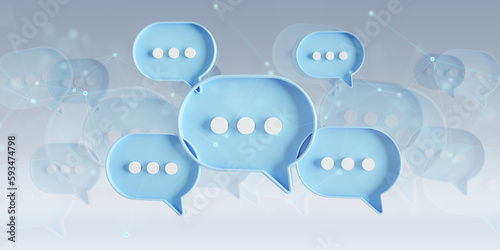 Minimalist blue and white speech bubbles talk icons floating over grey background. Modern conversation or social media messages with shadow. 3D rendering