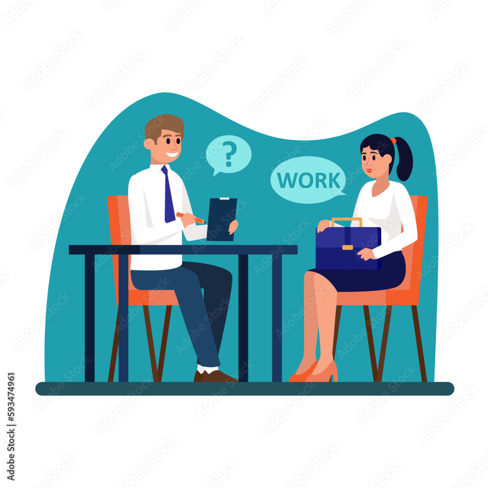 Cartoon characters of male hiring manager talking with female job candidate. Human resource management team. Headhunting business representative. Vector