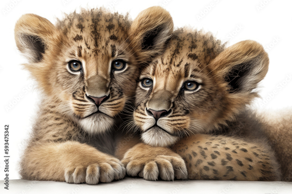 Fototapeta premium Two baby lions cubs cuddle together on a white background. Generative AI