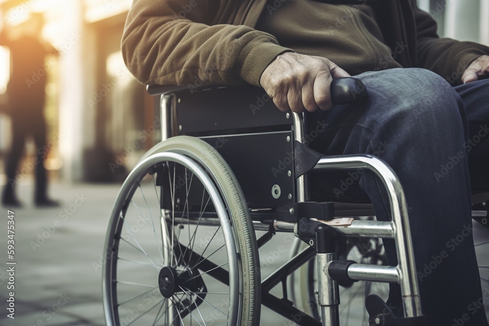 Obraz premium An elderly person is sitting in a wheelchair. Senior or elderly old man patient sitting on wheelchair, nursing hospital ward, healthy strong medical concept. Support for pensioners with disabilities