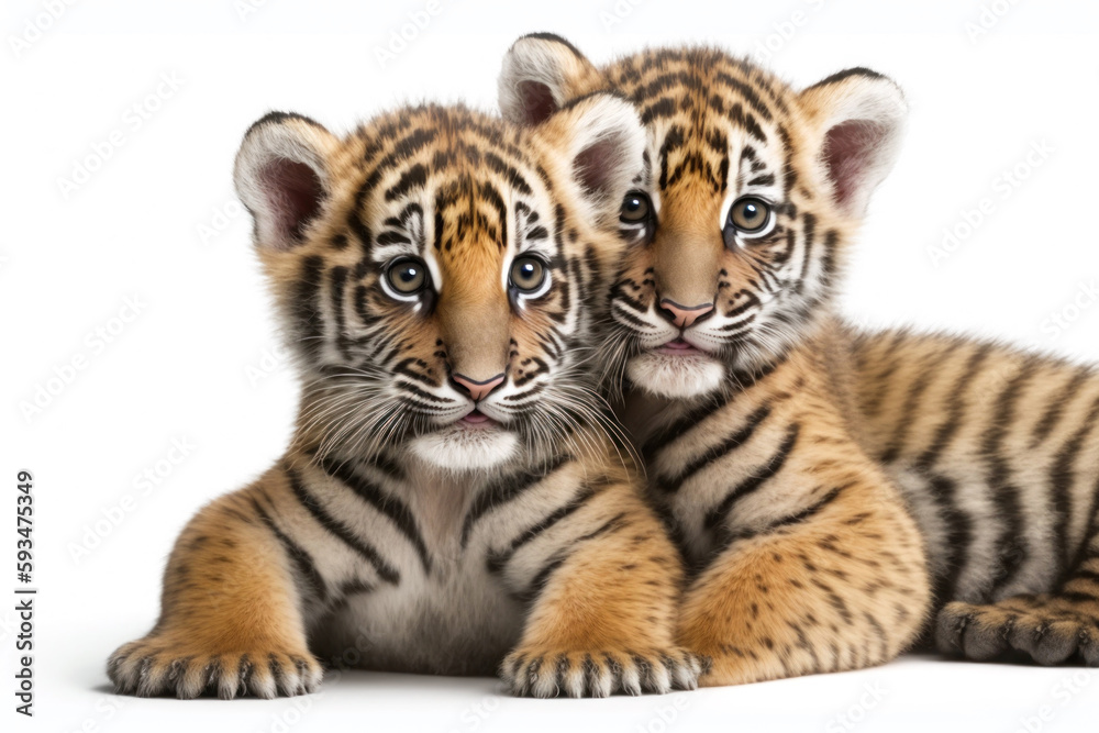 Two baby tigris cubs cuddle together on a white background. Generative AI