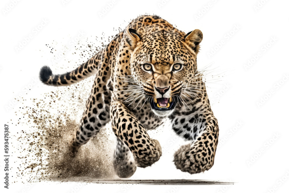 Fototapeta premium Cheetah running on camera isolated on white background.. Generative AI