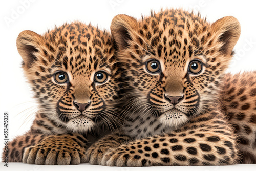 Two baby leopard cubs cuddle together on a white background. Generative AI