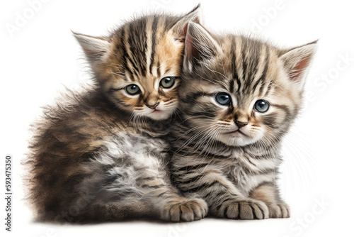 Two baby cats cubs cuddle together on a white background. Generative AI