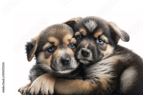 Two baby dog cubs cuddle together on a white background. Generative AI