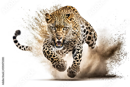 Cheetah running on camera isolated on white background.. Generative AI