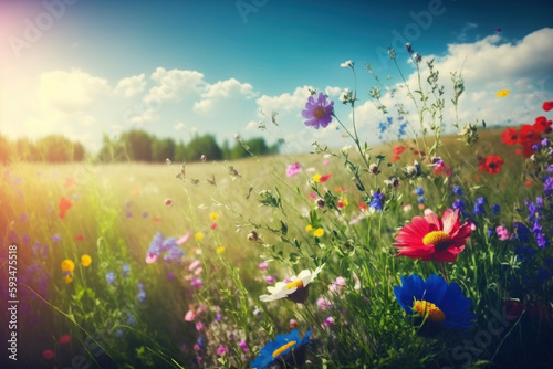 Stunning springtime scene with vibrant wildflowers.. Generative AI © Uliana