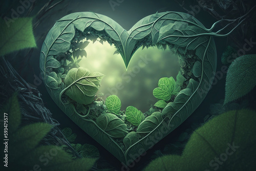 Green heart shapes with leaf on green forest background. Generative AI