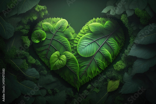 Green heart shapes with leaf on green forest background. Generative AI