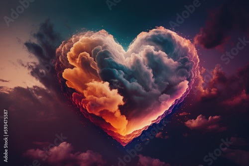 Colorful Valentine day heart in the clouds. Generative AI