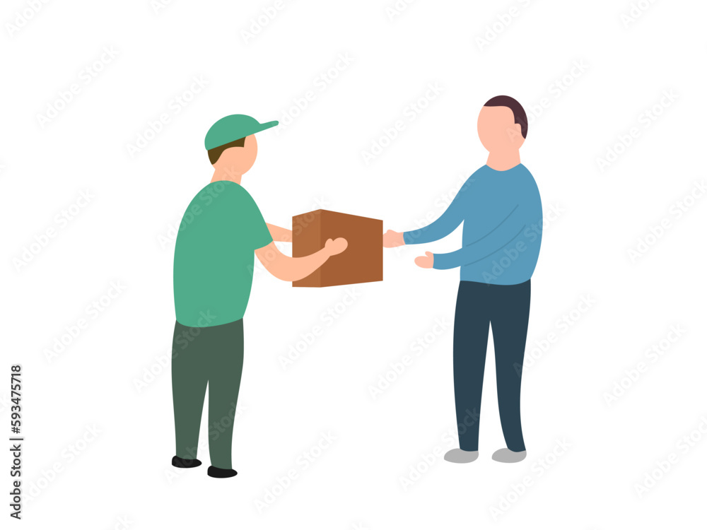 flat design of a courier delivering a package to a customer