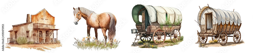 Cowboy settlement - office building, settlers carts, horse. Watercolor clipart for design and scrapbooking created with Generative AI technology.