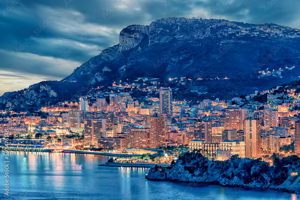 Monaco on the French Riviera in the evening