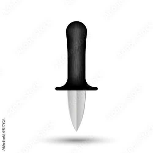 Oyster shucker knife isolated on white background with a black plastic handle, realistic kitchenware object 3d vector, a utensil that is used to pry open the hard shell of an oyster or clam.
