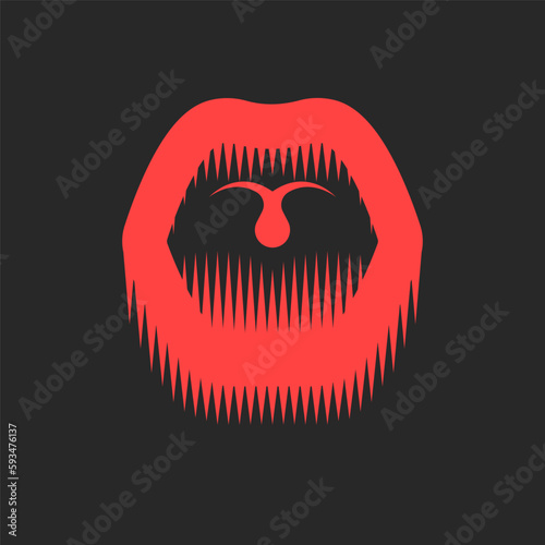 Open wailing human mouth red abstract vector illustration on black background. Lips, tongue, uvula creative print on clothes or sticker.