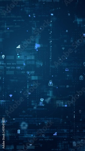 Motion graphic of Blue data matrix simulation digital grid line and ai technology icon with futuristic HUD screen on blue abstract background vertical video concept