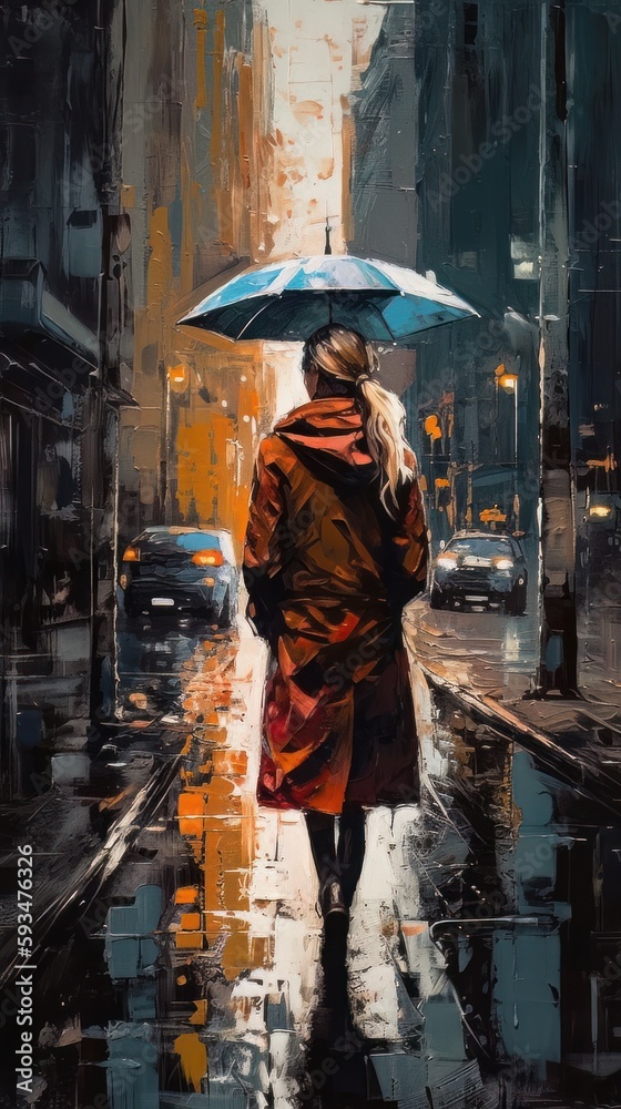 Woman with an umbrella walking in the city in the rain. Generative AI