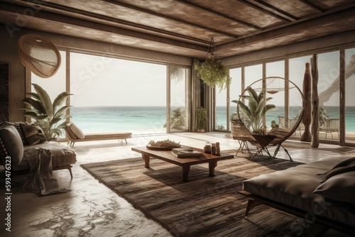 opulent beach house With an infinity edge pool and a view of the sea outside, the living area has a sofa, armchair, stool, side table, lights, and drapes. Vacay house or vacation villa. Generative AI © Carter