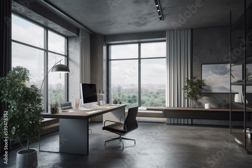 Grey office interior with desk and panoramic window. Mockup wall. Generative AI