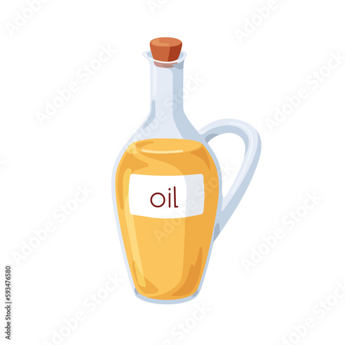 Olive oil in glass pitcher, corked bottle. Closed transparent storage container with yellow fat cooking liquid ingredient. Flat cartoon vector illustration isolated on white background