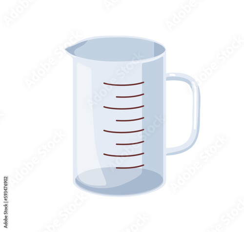 Cooking cup, measuring glass. Plastic jug, kitchen container for liquid volume measurement. Empty beaker, kitchenware, transparent mug. Flat cartoon vector illustration isolated on white background