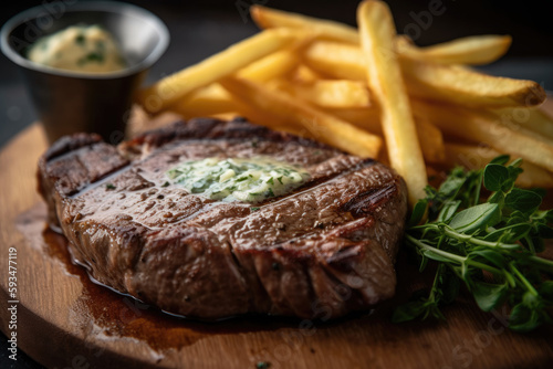 Wallpaper Mural Steak with french fries and herb butter, generative ai Torontodigital.ca