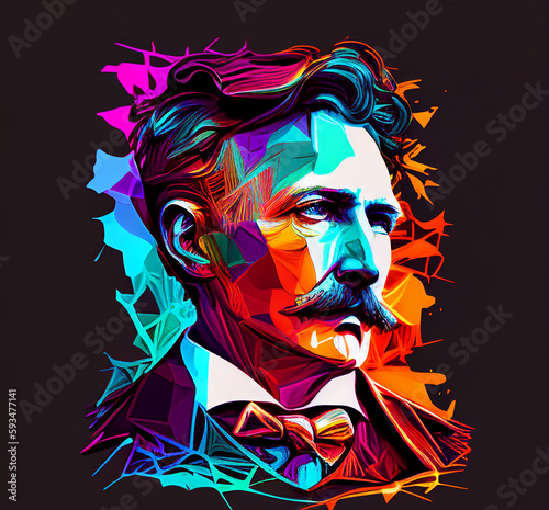 Nikolo Tesla. Bright multi-colored portrait. AI generation..