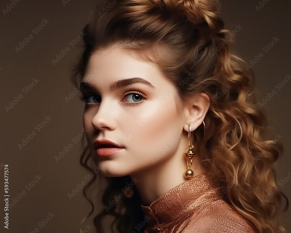 Fototapeta premium Fashionable and stylish woman in trendy jewelry big earrings .Curly ponytail hairstyle. Natural makeup and cosmetics, generative ai tools