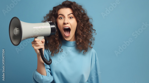 Smiling beautiful young woman with curly afro hair screaming by megaphone, generative ai tools 