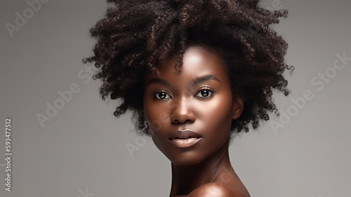  beautiful dark skinned woman posing on light gray studio background, Afro hairstyle, generative ai tools 