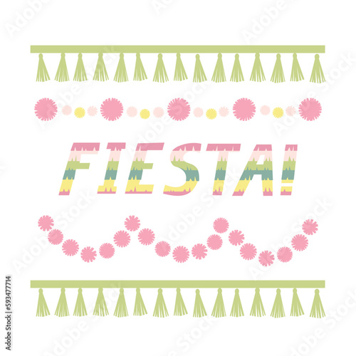 Colorful party lettering with decoration. Tassels and  pompoms wreath border. Fiesta pinata word composition.  Vector illustration