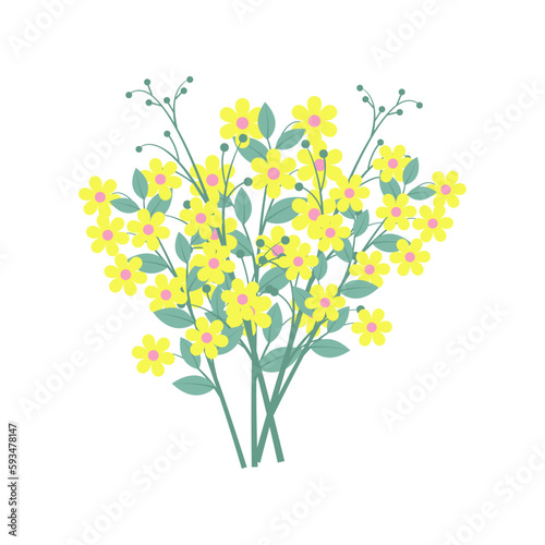 Isolated bouquet of yellow flowers  daisies with green leaves and twigs  close-up on a transparent and white background. Element  icon for design decoration. Print for printing on t-shirts and clothes