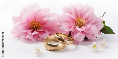 Pink Flowers and Golden Wedding Rings on White Background AI generated