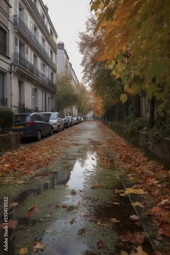 illustration, street full of leaves detached from the trees, generative ai