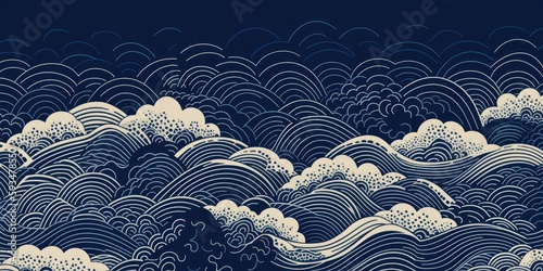 Rough Wave Motif Japanese Style Background in Indigo AI generated