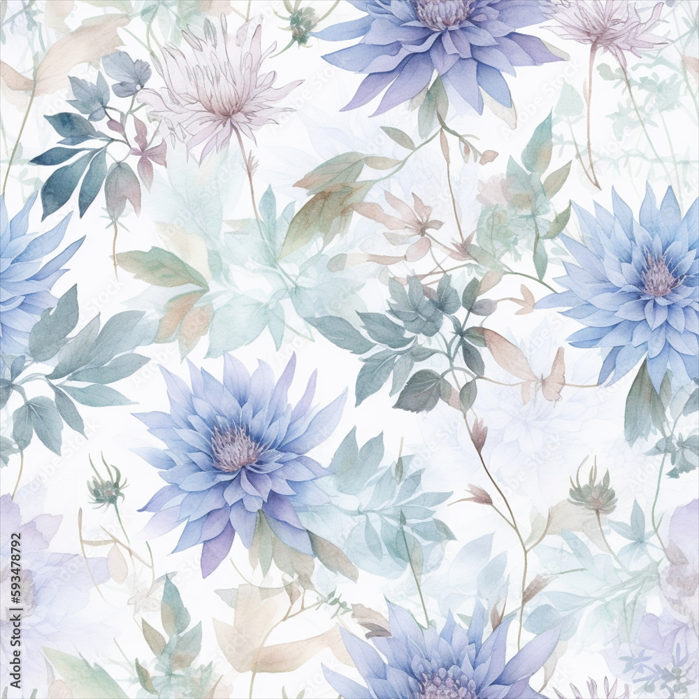 Fototapeta premium Seamless watercolor floral patterns, with flowers and foliage. Japanese abstract style. Use for wallpapers, backgrounds, packaging design, or web design.